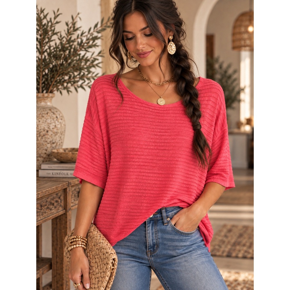 Eileen Fisher Woman Coral Pink Organic Linen Cotton Ribbed Boxy Knit Top 1X